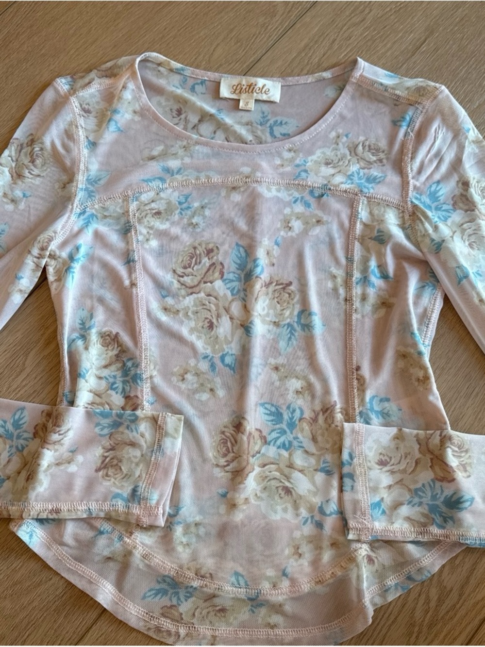 Listicle Light Pink Floral Long Sleeve Top with Blue Accents
